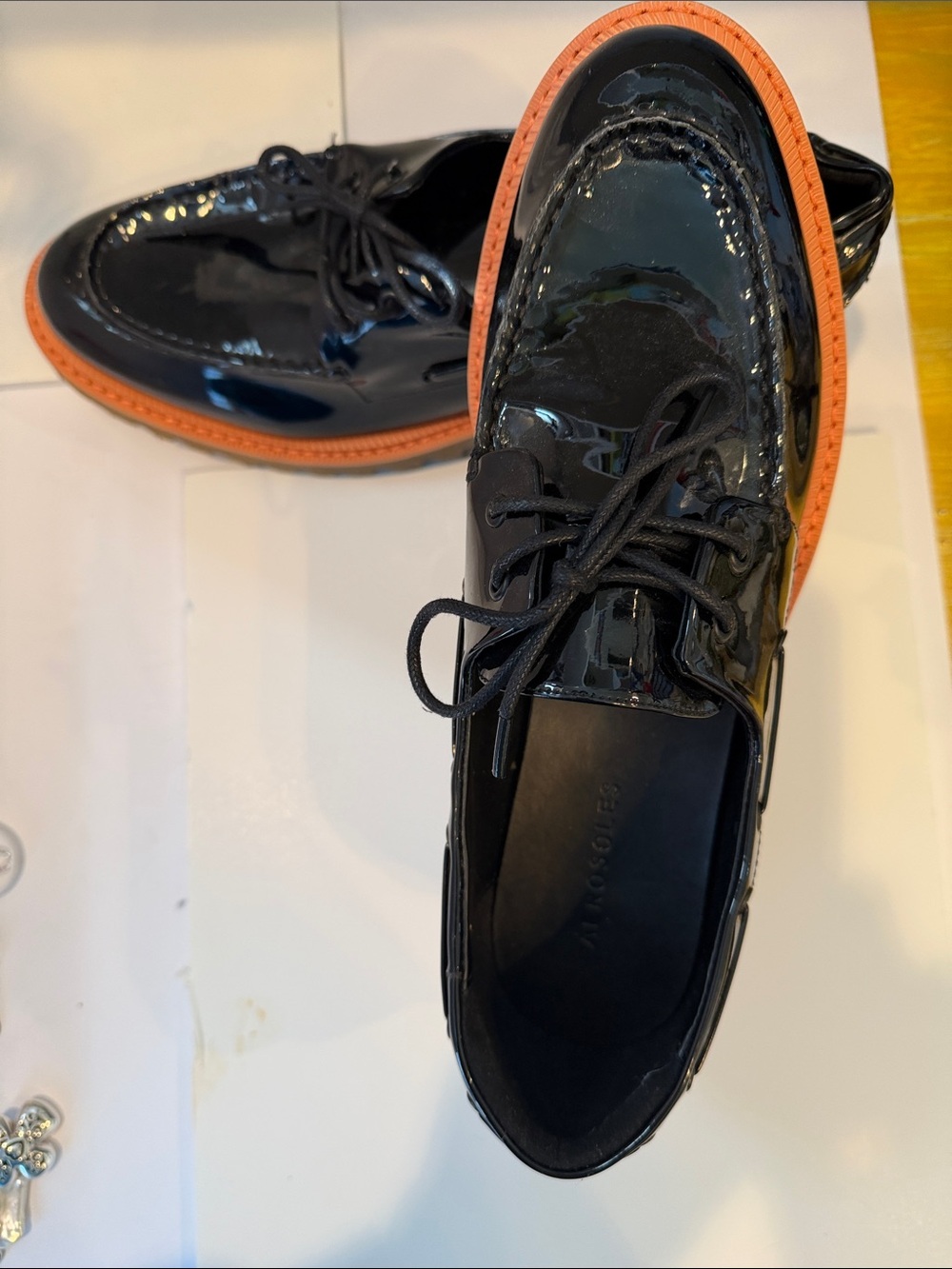 AEROSOLES Black Patent Lace-Up Oxfords with Orange Trim